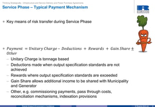 9© Ricardo-AEA LtdRicardo Energy & Environment in Confidence
• Key means of risk transfer during Service Phase
• 𝑃𝑎𝑦𝑚𝑒𝑛𝑡 = 𝑈𝑛𝑖𝑡𝑎𝑟𝑦 𝐶ℎ𝑎𝑟𝑔𝑒 – 𝐷𝑒𝑑𝑢𝑐𝑡𝑖𝑜𝑛𝑠 + 𝑅𝑒𝑤𝑎𝑟𝑑𝑠 + 𝐺𝑎𝑖𝑛 𝑆ℎ𝑎𝑟𝑒 ±
𝑂𝑡ℎ𝑒𝑟
– Unitary Charge is tonnage based
– Deductions made when output specification standards are not
achieved
– Rewards where output specification standards are exceeded
– Gain Share allows additional income to be shared with Municipality
and Generator
– Other, e.g. commissioning payments, pass through costs,
reconciliation mechanisms, indexation provisions
Thinking Strategically - Infrastructure and Service Delivery and Power Purchase Agreements
Service Phase – Typical Payment Mechanism
 