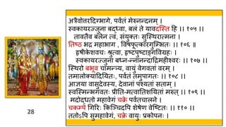 28
28
अरैवोत्तरहद्भागे, पववतं मेरुनन्दनम ्।
स्त्वकायरज्जुना बद्ध्वा, बलं ते यावदस्स्त्त हह ।। १०५ ।।
तावतैव बलेन त्वं, संयुक्तः सुस्स्त्िरात्मना ।
ततष्ठ भद्र महाभाग , ववषफ
ू त्कारगुस््भतः ।। १०६ ॥
हृष क
े शवचः श्रुत्वा, हृष्टपुष्टाङ्गववग्रहः ।
स्त्वकायरज्जुना बध्न-न्नानन्दाहद्रमहीश्वरः ।। १०७ ।।
स्स्त्िरो बभूव चामन्त्र्य, वायुं वेगवतां वरम्।
तमालोक्याहदतयतः, पववतं तमुपागतः ।। १०८ ।।
आज्ञया वासुदेवस्त्य, देवानां पश्यतां सताम्।
स्त्वस्स्त्मन्भगवतः प्र तत-मत्वाततशतयतां मरुत ्।। १०९ ।।
मदोद्र्तो महावेगं चक्र
े पववतचालने ।
चक्पे थगररः ककस्ञ्चदवप शेषेण वेस्ष्टतः ।। ११० ।।
ततोऽवप सुमहावेगं, चक्र
े वायुः प्रकोपनः ।
 