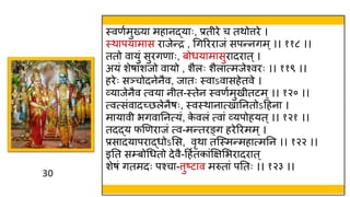 30
30
स्त्वणवमुख्या महानद्याः, प्रत रे च तिोत्तरे ।
स्त्िापयामास राजेन्द्र , थगररराजं सपन्नगम्।। ११८ ।।
ततो वायुं सुरगणाः, बोर्यामासुरादरात ्।
अयं शेषांशजो वायो , शैलः शैलात्मजेश्वरः ।। ११९ ।।
हरेः सञ्चोदनेनैव, जातः स्त्वाऽवासहेतवे ।
व्याजेनैव त्वया न त-स्त्तेन स्त्वणवमुख तटम्।। १२० ।।
त्वत्संवादच्छलेनैषः, स्त्वस्त्िानात्खातनतोऽहहना ।
मायाव भगवातनत्यं, क
े वलं त्वां व्यपोहयत ्।। १२१ ।।
तदद्य फणणराजं त्व-मन्तरङ्ग हरेररमम्।
प्रसादयापराद्र्ोऽमस, वृिा तस्स्त्मन्महात्मतन ।। १२२ ।।
इतत स्बोथर्तो देवै-हहवतकांक्षक्षमभरादरात ्
शेषं गतमदः पश्चा-त्तुष्टाव मरुतां पततः ।। १२३ ।।
 