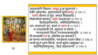 32
32
अपुरस्त्यावप ववप्रस्त्य, नाभूद् दुःखं सुताप्तये ।
देवेन पूववपुण्येन, वृद्र्स्त्यास्त्य सुतोऽभवत ्।। १३० ।।
चकार ना्ना स सुतं, मार्वं ववप्रसंसहद ।
वपढोपन तो बालस्त्तु, ववृर्े चन्द्रवन्नृप ।। १३१ ।।
वेदवेदाङ्गतत्त्वज्ञः, सववववद्याववशारदः ।
ततः कालान्तरे पुरं, सदारं तं चकार ह ।। १३२ ।
स चन्द्रलेखया रेमे, बहुकालं च मार्वः ।
पञ्चयज्ञपरो तनत्यं, पञ्चाननसमद्युततः ।। १३३ ।।
ववःसप्तवषो रेजे स, द्ववत य इव भास्त्कारः।
सा कन्या पांण्डपदेश या, पाण्डवानां चतिा वप्रया ।। १३४ ।।
पत्यौ सुप्ते स्त्वयं मशश्ये, पत्यौ भुक्ते त्वभुङ्क्त च।
कदाथचद्ववप्रपुरस्त्तु , हदवा सङ्गतत्परः ।। १३५ ।।
 