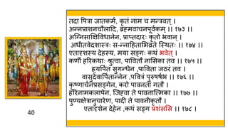 40
40
तदा वपरा जातकमव, कृ तं नाम च मन्रवत ्।
अन्नप्राशनचौलाहद, ब्रह्मवाचनपूववकम्।। १७३ ।।
अस््नसाक्षक्षववर्ानेन, प्राप्तदारः कृ तो भवान्।
अर् तवेदशास्त्रः स-न्नाहहतामभव्रते स्स्त्ितः ।। १७४ ।।
एतादृशस्त्य देहस्त्य, मया सङ्गः किं भवेत ्।
कणी हररकिाः श्रुत्वा, पाववतौ नामसका तव ।। १७५ ।।
ह्र्यवपवत सुगन्र्ेन ,पाववता जठरं तव ।
वासुदेवावपवतान्नेन ,पववरं पुरुषषवभ ।। १७६ ।।
कृ ष्णाचवनप्रसङ्गेन, करो पावनतां गतौ ।
हररनामकलापेन, स्जह्वा ते पावनास्त्मका ।। १७७ ।।
पुण्यक्षेरानुचारेण, पादी ते पावन कृ तौ ।
एतादृशेन देहेन ,किं सङ्ग प्रशंसमस ।। १७८ ।
 