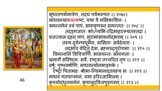 46
46
भूर्रस्त्पशवमारेण, तदर् पयवक्पत ।। २०७।।
मार्वस्त्याभवत्कष्टं, यिा वै मक्षक्षकामशनः ।
वमन्तमेनं स्त्वं पापं, समावृणवन ्समन्ततः ।। २०८ ।।
तदङ्गजातः कोऽप्यमभ-रहद्रमाहात््यतस्त्तदा ।
प्रजज्वाल दहन ्पापं, सुरामांसाशनोद्भवम्।। २०९ ।।
तस्त्य दुगवन्र्र्ूमेन, वामसताः सववदेवताः ।
तद्भावं वेहदतुं देवा, ब्रह्मरुद्रपुरोगमाः ।। २१० ।।
ववमानातन ववथचराणण, भासयन्तः समागताः ।
खमागे संस्स्त्िताः सवे, दृष््वा तच्चररतं नृप ।। २११ ।।
वषुवः पुष्पवषावणण, मार्वस्त्योत्तमाङ्गक
े ।
दृष्रा वपतामहः श्र मा-स्न्वमानादवरुह्य सः ।। २१२ ।।
मार्वं गतपाप्मानं, यिा हरररजाममलम्।
कृ पयोद्र्ृतवानेनं, कृ पालुद्ववजपुङ्गवम्।। २१३ ।।
 