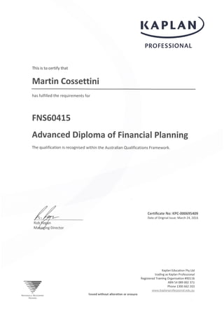 Advance Diploma of Financial Planning 2016