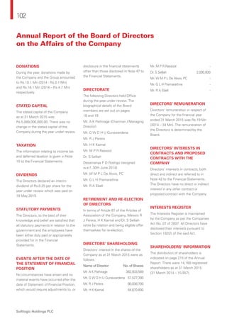 102
Softlogic Holdings PLC
DONATIONS
During the year, donations made by
the Company and the Group amounted
to Rs.10.1 Mn (2014 - Rs.0.1 Mn)
and Rs.16.1 Mn (2014 – Rs.4.7 Mn)
respectively.
STATED CAPITAL
The stated capital of the Company
as at 31 March 2015 was
Rs.5,089,000,000.00. There was no
change in the stated capital of the
Company during the year under review.
TAXATION
The information relating to income tax
and deferred taxation is given in Note
10 to the Financial Statements.
DIVIDENDS
The Directors declared an interim
dividend of Rs.0.25 per share for the
year under review which was paid on
19 May 2015.
STATUTORY PAYMENTS
The Directors, to the best of their
knowledge and belief are satisfied that
all statutory payments in relation to the
government and the employees have
been either duly paid or appropriately
provided for in the Financial
Statements.
EVENTS AFTER THE DATE OF
THE STATEMENT OF FINANCIAL
POSITION
No circumstances have arisen and no
material events have occurred after the
date of Statement of Financial Position,
which would require adjustments to, or
disclosure in the financial statements
other than those disclosed in Note 47 to
the Financial Statements.
DIRECTORATE
The following Directors held Office
during the year under review. The
biographical details of the Board
members are set out on pages
18 and 19.
Mr. A K Pathirage (Chairman / Managing
Director)
Mr. G W D H U Gunawardena
Mr. R J Perera
Mr. H K Kaimal
Mr. M P R Rassool
Dr. S Selliah
Desamanya P D Rodrigo (resigned
w.e.f. 30th June 2014)
Mr. W M P L De Alwis, PC
Mr. G L H Premarathne
Mr. R A Ebell
RETIREMENT AND RE-ELECTION
OF DIRECTORS
In terms of Article 87 of the Articles of
Association of the Company, Messrs R
J Perera, H K Kaimal and Dr. S Selliah
retire by rotation and being eligible offer
themselves for re-election.
DIRECTORS’ SHAREHOLDING
Directors’ interest in the shares of the
Company as at 31 March 2015 were as
follows.
Name of Director 	 No. of Shares
Mr. A K Pathirage 	 362,933,569
Mr. G W D H U Gunawardena 	 57,527,300
Mr. R J Perera 	 60,836,700
Mr. H K Kaimal 	 64,870,800
Mr. M P R Rassool 	 -
Dr. S Selliah 	 2,000,000
Mr. W M P L De Alwis, PC 	 -
Mr. G L H Premarathne 	 -
Mr. R A Ebell 	 -
DIRECTORS’ REMUNERATION
Directors’ remuneration in respect of
the Company for the financial year
ended 31 March 2015 was Rs.19 Mn
(2014 – 34 Mn). The remuneration of
the Directors is determined by the
Board.
DIRECTORS’ INTERESTS IN
CONTRACTS AND PROPOSED
CONTRACTS WITH THE
COMPANY
Directors’ interests in contracts, both
direct and indirect are referred to in
Note 42 to the Financial Statements.
The Directors have no direct or indirect
interest in any other contract or
proposed contract with the Company.
INTERESTS REGISTER
The Interests Register is maintained
by the Company as per the Companies
Act No. 07 of 2007. All Directors have
disclosed their interests pursuant to
Section 192(2) of the said Act.
SHAREHOLDERS’ INFORMATION
The distribution of shareholders is
indicated on page 215 of the Annual
Report. There were 14,169 registered
shareholders as at 31 March 2015
(31 March 2014 – 15,557).
Annual Report of the Board of Directors
on the Affairs of the Company
 