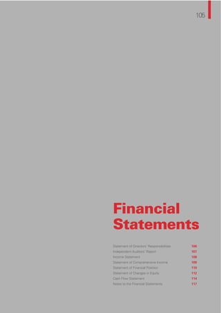 105105
Financial
Statements
Statement of Directors’ Responsibilities 106
Independent Auditors’ Report 107
Income Statement 108
Statement of Comprehensive Income 109
Statement of Financial Position 110
Statement of Changes in Equity 112
Cash Flow Statement 114
Notes to the Financial Statements 117
 