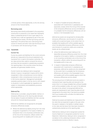 121
Annual Report 2014-15
a shorter period, where appropriate, to the net carrying
amount of the ﬁnancial liability.
Borrowing costs
Borrowing costs directly attributable to the acquisition,
construction or production of an asset that necessarily
takes a substantial period of time to get ready for its
intended use or sale are capitalised as part of the cost
of the respective assets. All other borrowing costs are
expensed in the period they occur. Borrowing costs
consist of interest and other costs that the Group incurs
in connection with the borrowing of funds.
1.5.2 TAXATION
Current Tax
Current tax assets and liabilities for the current and prior
periods are measured at the amount expected to be
recovered from or paid to the taxation authorities. The
tax rates and tax laws used to compute the amount
are those that are enacted or substantively enacted at
the reporting date in the countries where the Group
operates and generates taxable income.
Current income tax relating to items recognised
directly in equity is recognised in equity and for items
recognised in other comprehensive income shall be
recognised in other comprehensive income and not
in the income statement. Management periodically
evaluates positions taken in the tax returns with respect
to situations in which applicable tax regulations are
subject to interpretation and establishes provisions
where appropriate.
Deferred Tax
Deferred tax is provided, using the liability method, on
temporary differences at the reporting date between
the tax bases of assets and liabilities and their carrying
amounts for ﬁnancial reporting purposes.
Deferred tax liabilities are recognised for all taxable
temporary differences except;
• Where the deferred tax liability arising from the initial
recognition of goodwill or of an asset or liability in a
transaction that is not a business combination and,
at the time of the transaction, affects neither the
accounting proﬁt nor taxable proﬁt or loss; and
• in respect of taxable temporary differences
associated with investments in subsidiaries and
associates, except where the timing of the reversal
of the temporary differences can be controlled and
it is probable that the temporary differences will not
reverse in the foreseeable future.
deferred tax assets are recognised for all deductible
temporary differences, carry-forward of unused tax
credits and unused tax losses, to the extent that it is
probable that taxable proﬁt will be available against
which the deductible temporary differences, and the
carry-forward of unused tax credits and unused tax
losses can be utilised except:
• where the deferred tax asset relating to the
deductible temporary difference arises from the initial
recognition of an asset or liability in a transaction that
is not a business combination and, at the time of the
transaction, affects neither the accounting proﬁt nor
the taxable proﬁt or loss; and
• in respect of deductible temporary differences
associated with investments in subsidiaries and
associates, deferred tax assets are only recognised
to the extent that it is probable that the temporary
differences will reverse in the foreseeable future
and taxable proﬁt will be available against which the
temporary differences can be utilised.
The carrying amount of deferred income tax assets is
reviewed at each reporting date and reduced to the
extent that it is no longer probable that sufﬁcient taxable
proﬁt will be available to allow all or part of the deferred
tax asset to be utilised. Unrecognised deferred tax
assets are reassessed at each reporting date and are
recognised to the extent that it has become probable
that future taxable proﬁts will allow the deferred tax
assets to be recovered.
Deferred tax assets and liabilities are measured at the
tax rates that are expected to apply to the year when
the asset is realised or the liability is settled, based
on tax rates (and tax laws) that have been enacted or
substantively enacted as at the reporting date.
Deferred tax relating to items recognised outside the
Income Statement is recognised outside the Income
Statement. Deferred tax relating to items recognised in
correlation to the underlying transaction either in other
comprehensive income or directly in equity.
 