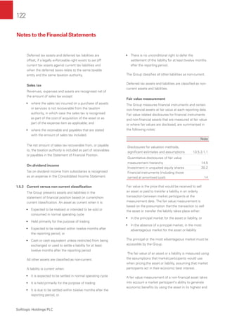 122
Softlogic Holdings PLC
Deferred tax assets and deferred tax liabilities are
offset, if a legally enforceable right exists to set off
current tax assets against current tax liabilities and
when the deferred taxes relate to the same taxable
entity and the same taxation authority.
Sales tax
Revenues, expenses and assets are recognised net of
the amount of sales tax except:
• where the sales tax incurred on a purchase of assets
or services is not recoverable from the taxation
authority, in which case the sales tax is recognised
as part of the cost of acquisition of the asset or as
part of the expense item as applicable; and
• where the receivable and payables that are stated
with the amount of sales tax included.
The net amount of sales tax recoverable from, or payable
to, the taxation authority is included as part of receivables
or payables in the Statement of Financial Position.
On dividend income
Tax on dividend income from subsidiaries is recognised
as an expense in the Consolidated Income Statement.
1.5.3 Current versus non current classiﬁcation
The Group presents assets and liabilities in the
statement of ﬁnancial position based on current/non-
current classiﬁcation. An asset as current when it is:
• Expected to be realised or intended to be sold or
consumed in normal operating cycle
• Held primarily for the purpose of trading
• Expected to be realised within twelve months after
the reporting period, or
• Cash or cash equivalent unless restricted from being
exchanged or used to settle a liability for at least
twelve months after the reporting period
All other assets are classiﬁed as non-current.
A liability is current when:
• It is expected to be settled in normal operating cycle
• It is held primarily for the purpose of trading
• It is due to be settled within twelve months after the
reporting period, or
• There is no unconditional right to defer the
settlement of the liability for at least twelve months
after the reporting period.
The Group classiﬁes all other liabilities as non-current.
Deferred tax assets and liabilities are classiﬁed as non-
current assets and liabilities.
Fair value measurement
The Group measures ﬁnancial instruments and certain
non-ﬁnancial assets at fair value at each reporting date.
Fair value related disclosures for ﬁnancial instruments
and non-ﬁnancial assets that are measured at fair value
or where fair values are disclosed, are summarised in
the following notes:
Note
Disclosures for valuation methods,
signiﬁcant estimates and assumptions 13.5.3.1.1
Quantitative disclosures of fair value
measurement hierarchy 14.5
Investment in unquoted equity shares 20.2
Financial instruments (including those
carried at amortised cost) 14
Fair value is the price that would be received to sell
an asset or paid to transfer a liability in an orderly
transaction between market participants at the
measurement date. The fair value measurement is
based on the presumption that the transaction to sell
the asset or transfer the liability takes place either:
• In the principal market for the asset or liability, or
• In the absence of a principal market, in the most
advantageous market for the asset or liability
The principal or the most advantageous market must be
accessible by the Group.
The fair value of an asset or a liability is measured using
the assumptions that market participants would use
when pricing the asset or liability, assuming that market
participants act in their economic best interest.
A fair value measurement of a non-ﬁnancial asset takes
into account a market participant's ability to generate
economic beneﬁts by using the asset in its highest and
Notes to the Financial Statements
 