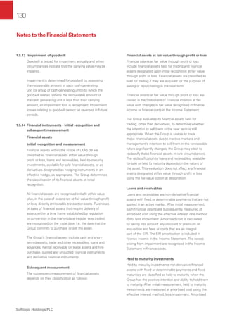 130
Softlogic Holdings PLC
1.5.13 Impairment of goodwill
Goodwill is tested for impairment annually and when
circumstances indicate that the carrying value may be
impaired.
Impairment is determined for goodwill by assessing
the recoverable amount of each cash-generating
unit (or group of cash-generating units) to which the
goodwill relates. Where the recoverable amount of
the cash generating unit is less than their carrying
amount, an impairment loss is recognised. Impairment
losses relating to goodwill cannot be reversed in future
periods.
1.5.14 Financial instruments - initial recognition and
subsequent measurement
Financial assets
Initial recognition and measurement
Financial assets within the scope of LKAS 39 are
classiﬁed as ﬁnancial assets at fair value through
proﬁt or loss, loans and receivables, held-to-maturity
investments, available-for-sale ﬁnancial assets, or as
derivatives designated as hedging instruments in an
effective hedge, as appropriate. The Group determines
the classiﬁcation of its ﬁnancial assets at initial
recognition.
All ﬁnancial assets are recognised initially at fair value
plus, in the case of assets not at fair value through proﬁt
or loss, directly attributable transaction costs. Purchases
or sales of ﬁnancial assets that require delivery of
assets within a time frame established by regulation
or convention in the marketplace (regular way trades)
are recognised on the trade date, i.e. the date that the
Group commits to purchase or sell the asset.
The Group’s ﬁnancial assets include cash and short-
term deposits, trade and other receivables, loans and
advances, Rental receivable on lease assets and hire
purchase, quoted and unquoted ﬁnancial instruments
and derivative ﬁnancial instruments.
Subsequent measurement
The subsequent measurement of ﬁnancial assets
depends on their classiﬁcation as follows:
Financial assets at fair value through proﬁt or loss
Financial assets at fair value through proﬁt or loss
include ﬁnancial assets held for trading and ﬁnancial
assets designated upon initial recognition at fair value
through proﬁt or loss. Financial assets are classiﬁed as
held for trading if they are acquired for the purpose of
selling or repurchasing in the near term.
Financial assets at fair value through proﬁt or loss are
carried in the Statement of Financial Position at fair
value with changes in fair value recognised in ﬁnance
income or ﬁnance costs in the Income Statement.
The Group evaluates its ﬁnancial assets held for
trading, other than derivatives, to determine whether
the intention to sell them in the near term is still
appropriate. When the Group is unable to trade
these ﬁnancial assets due to inactive markets and
management’s intention to sell them in the foreseeable
future signiﬁcantly changes, the Group may elect to
reclassify these ﬁnancial assets in rare circumstances.
The reclassiﬁcation to loans and receivables, available-
for-sale or held to maturity depends on the nature of
the asset. This evaluation does not affect any ﬁnancial
assets designated at fair value through proﬁt or loss
using the fair value option at designation.
Loans and receivables
Loans and receivables are non-derivative ﬁnancial
assets with ﬁxed or determinable payments that are not
quoted in an active market. After initial measurement,
such ﬁnancial assets are subsequently measured at
amortised cost using the effective interest rate method
(EIR), less impairment. Amortised cost is calculated
by taking into account any discount or premium on
acquisition and fees or costs that are an integral
part of the EIR. The EIR amortisation is included in
ﬁnance income in the Income Statement. The losses
arising from impairment are recognised in the Income
Statement in ﬁnance costs.
Held to maturity investments
Held to maturity investments non derivative ﬁnancial
assets with ﬁxed or determinable payments and ﬁxed
maturities are classiﬁed as held to maturity when the
Group has the positive intention and ability to hold them
to maturity. After initial measurement, held to maturity
investments are measured at amortised cost using the
effective interest method, less impairment. Amortised
Notes to the Financial Statements
 