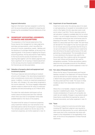 137
Annual Report 2014-15
Segment information
Segment information has been prepared in conformity
with the accounting policies adopted for preparing and
presenting the consolidated ﬁnancial statements of the
Group.
1.6 SIGNIFICANT ACCOUNTING JUDGMENTS,
ESTIMATES AND ASSUMPTIONS
The preparation of the ﬁnancial statements of the
Group requires the management to make judgments,
estimates and assumptions, which may affect the
amounts of income, expenditure, assets , liabilities and
the disclosure of contingent liabilities, at the end of the
reporting period. In the process of applying the Group’s
accounting policies, the key assumptions made relating
to the future and the sources of estimation at the
reporting date together with the related judgments that
have a signiﬁcant risk of causing a material adjustment
to the carrying amounts of assets and liabilities within
the ﬁnancial year are discussed below.
1.6.1 Valuation of property, plant and equipment and
investment property
The Group measures land and buildings at revalued
amounts with changes in fair value being recognised in
other comprehensive income and in the statement of
equity. In addition, it carries its investment properties at
fair value, with changes in fair value being recognised in
the income statement. The Group engaged independent
valuation experts to determine fair value of investment
properties and land and buildings as at 31 March 2015.
The valuer has used valuation techniques such as
market values and discounted cash ﬂow methods
where there was a lack of comparable market data
available based on the nature of the property.
The determined fair values of investment properties,
using investment method, are most sensitive to the
estimated yield as well as the long term occupancy rate.
The methods used to determine the fair value of the
investment properties, are further explained in note 14.
1.6.2 Impairment of non ﬁnancial assets
Impairment exists when the carrying value of an asset
or cash generating unit exceeds its recoverable amount,
which is the higher of its fair value less costs to sell
and its value in use (VIU). The fair value less costs to
sell calculation is based on available data from an active
market, in an arm’s length transaction, of similar assets
or observable market prices less incremental costs for
disposing of the asset. The value in use calculation is
based on a discounted cash ﬂow model. The cash ﬂows
are derived from the budget for the next ﬁve years and
do not include restructuring activities that the Group is
not yet committed to or signiﬁcant future investments
that will enhance the asset’s performance of the cash
generating unit being tested. The recoverable amount
is most sensitive to the discount rate used for the
discounted cash ﬂow model as well as the expected
future cash inﬂows and the growth rate used for
extrapolation purposes. The key assumptions used to
determine the recoverable amounts for the different
cash generating units, are further explained in note 18.1.
1.6.3 Fair value of ﬁnancial instruments
Where the fair value of ﬁnancial assets and ﬁnancial
liabilities recorded in the Statement of Financial Position
cannot be derived from active markets, their fair value
is determined using valuation techniques including
the discounted cash ﬂow model. The inputs to these
models are taken from observable markets where
possible.
Where this is not feasible, a degree of judgment is
required in establishing fair values. The judgments
include considerations of inputs such as liquidity risk,
credit risk and volatility. Changes in assumptions about
these factors could affect the reported fair value of
ﬁnancial instruments, are further explained in note 14
1.6.4 Taxes
The Group is subject to income tax and other taxes
including VAT. Signiﬁcant judgment was required to
determine the total provision for current, deferred and
other taxes due to the uncertainties that exists with
respect to the interpretation of the applicability of tax
laws, at the time of the preparation of these ﬁnancial
statements.
 