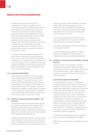 138
Softlogic Holdings PLC
Uncertainties also exist with respect to the
interpretation of complex tax regulations and the
amount and timing of future taxable income. Given the
wide range of business relationships and the long-
term nature and complexity of existing contractual
agreements, differences arising between the actual
results and the assumptions made, or future changes
to such assumptions, could necessitate future
adjustments to tax income and expense already
recorded. Where the ﬁnal tax outcome of such matters
is different from the amounts that were initially
recorded, such differences will impact the income
and deferred tax amounts in the period in which the
determination is made.
The Group has tax losses relate to subsidiaries that
have a history of losses that do not expire and may
not be used to offset other tax liabilities and where the
subsidiaries have no taxable temporary differences nor
any tax planning opportunities available that could partly
support the recognition of these losses as deferred tax
assets. Further details on taxes are disclosed in note
10.4 in the ﬁnancial statements.
1.6.5 Employee beneﬁt liability
The employee beneﬁt liability of the Group is based
on the actuarial valuation carried out by independent
actuarial specialist. The actuarial valuations involve
making assumptions about discount rates and future
salary increases. The complexity of the valuation, the
underlying assumptions and its long term nature, the
deﬁned beneﬁt obligation is highly sensitive to changes
in these assumptions. All assumptions are reviewed
at each reporting date. Details of the key assumptions
used in the estimates are contained in note 35.
1.6.6 Valuation of Insurance Contract Liabilities – Life
Insurance
Life Insurance liabilities are recognised when contracts
are entered into and premiums are charged. These
liabilities are measured by suing the Net Premium
Valuation (NPV) method as speciﬁed by the Insurance
Board of Sri Lanka (IBSL) based on the recommendation
of the Independent Consultant Actuary.
The liability is determined as the sum of the discounted
value of expected future beneﬁts, less the discounted
value of the expected future premiums that would be
required to meet the future cash outﬂows based on the
valuation assumptions used. The liability is computed
based on IBSL speciﬁed guidelines and current
assumptions which vary based on the contract type.
Furthermore, adjustments are performed to capture
likely liability that may arise due to currently lapsed
contracts reviving in the future.
The minimum mandated amount, which are to be
paid to policyholders plus and declared / undeclared
additional beneﬁts, are recorded in liabilities.
The liability is derecognised when the contract expires,
is discharged or cancelled.
At each reporting date, an assessment is made of
whether the recognised life insurance liability is
adequate by using an existing liability adequacy test.
1.6.7 Valuation of Insurance Contract liabilities – General
Insurance
General insurance contract liabilities include the
outstanding claims provision (Reserve for gross
outstanding and incurred but not reported, and incurred
but not reported enough – IBNR / IBNER) and the
provision for unearned premium and the provision for
premium deﬁciency.
Gross claims payable including IBNR
The outstanding claims provision is based on the
estimated ultimate cost of all claims incurred but not
settled at the reporting date, whether reported or not,
together with related claims handling cost and reduction
for expected value of salvage and other recoveries.
Delays can be experienced in the notiﬁcation and
settlement of certain types of claims, therefore the
ultimate cost of these cannot be known with certainty
at reporting date. The liability is calculated at the
reporting date using range of slandered actuarial claim
projection techniques, based on empirical data and
current assumptions that may include a margin for
adverse deviation. The liability is not discounted for the
time value of money. No provision for equalisation or
catastrophe reserves is recognised.
The liabilities are derecognised when the obligation to
pay a claim expires, is discharged or is cancelled.
IBNR reserve is determined by an independent external
actuary.
Notes to the Financial Statements
 