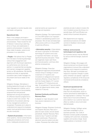 83
Annual Report 2014-15
meet regularly to monitor liquidity risks
and needs, and gearing.
Operational risks
Risks in this category are broad in
nature and inherent in most businesses
and processes. These include the risk
of failures in resourcing or planning,
errors or fraud, and weaknesses in
systems and processes. In essence,
these relate to people, systems and
processes in our operations.
– People – We believe that our People
form the basis of enduring advantage;
without their engagement and
alignment with the Group’s aspirations
our performance can only be sub-
optimal. it is essential that we develop
and maintain management capability
across our 46 subsidiaries. We identify,
develop and retain an appropriate
succession plan of able managers for
the present and future needs of the
Group.
Mitigation Strategy: We believe in
building leadership through our Group
Talent Management initiative, and in
inculcating a culture of accountability,
empowerment and personal
development among all employees.
An effective induction programme is
in place to orient new comers. The
importance of succession planning
for key management positions is
recognised. Processes are in place to
understand and respond to employee
needs; bi-annual performance reviews
are also conducted.
– Systems & processes – Information,
other systems, internal control failures,
inadequate procedures and human
errors, inadequate procedures and
external events can cause loss of
earnings and reputation.
Mitigation Strategy: The implementation
of a new ERP system is an important
initiative in standardising systems and
processes. We will also centralise back
ofﬁce activity within an in-house BPO,
to optimise efﬁciency.
– Information security – Cyber-attacks
will result in disruption of information
technology (IT) systems and a loss
of important information, can cause
signiﬁcant business disruption. These
can negatively impact cash ﬂows
and ﬁnancial position, and have other
adverse consequences.
Mitigation Strategy: Executive
Management approves and periodically
reviews Group IT strategy to ensure
investment in IT systems and
innovations to safeguard and improve
business efﬁciency. Group Head of IT,
with the Cluster Heads of IT, monitor
the integrity of IT infrastructure and
data. To complement IT security teams,
under risk departments review, areas
related to IT security.
Business Continuity and Disaster
Recovery Plans
A disaster or major disruption could
have severe implications on the
business.
Mitigation Strategy: Business Continuity
and Disaster Recovery Plans are in
place for each cluster, and are tested
periodically. Disaster Recovery Plans
extend to key IT systems and data
bases/ warehouses. Physical and
electronic security systems are also
in place. Processes that reﬂect best
practices are also in place to review the
risk of incidents across the Group on a
periodic basis, BCP and DR plans are
tested without business disruptions.
Risk departments are mapping
operational procedures and related
controls to feedback internal audit
departments.
Political, environmental,
technological and regulatory risk
Our business sectors may be affected
by various external changes, local and
global.
Mitigation Strategy: We engage with
Governmental and non-Governmental
organisations to ensure they understand
Softlogic and to respond to questions
they have. We seek to anticipate and
respond to important changes in public
policy wherever we operate. Legal and
regulatory compliances of the Group are
monitored continuously by compliance
ofﬁcers.
Social and reputational risk
Damage to Softlogic’s brands can
arise from any association, action or
inaction perceived by stakeholders to
be inappropriate or unethical. This could
lead to loss of trust and conﬁdence
and a decline in our customer base and
affect our ability to recruit and retain
talented people.
Mitigation Strategy: Softlogic values
have been embedded in all our
business activities. Our Code of
Business Conduct guides employees
in dealing with customers, employees,
suppliers and society at large. Social
media publicity is monitored. A well-
 