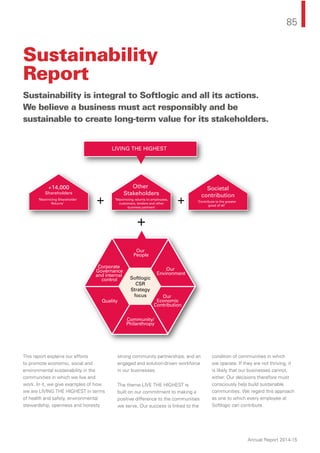 85
Annual Report 2014-15
This report explains our efforts
to promote economic, social and
environmental sustainability in the
communities in which we live and
work. In it, we give examples of how
we are LIVING THE HIGHEST in terms
of health and safety, environmental
stewardship, openness and honesty
strong community partnerships, and an
engaged and solution-driven workforce
in our businesses.
The theme LIVE THE HIGHEST is
built on our commitment to making a
positive difference to the communities
we serve. Our success is linked to the
condition of communities in which
we operate. If they are not thriving, it
is likely that our businesses cannot,
either. Our decisions therefore must
consciously help build sustainable
communities. We regard this approach
as one to which every employee at
Softlogic can contribute.
Sustainability
Report
Sustainability is integral to Softlogic and all its actions.
We believe a business must act responsibly and be
sustainable to create long-term value for its stakeholders.
LIVING THE HIGHEST
‘Maximizing Shareholder
Returns’
+14,000
Shareholders
‘Maximizing returns to employees,
customers, lenders and other
business partners’
Other
Stakeholders
‘Contribute to the greater
good of all’
Societal
contribution
Softlogic
CSR
Strategy
focus
Our
Environment
Our
Economic
Contribution
Community/
Philanthropy
Quality
Corporate
Governance
and internal
control
Our
People
 