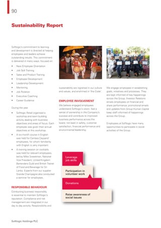 90
Softlogic Holdings PLC
Softlogic’s commitment to learning
and development is directed at helping
employees and leaders achieve
outstanding results. This commitment
is delivered in many ways, focused on:
• New Employee Orientation
• Job Skill Training
• Sales and Product Training
• Employee Development
• Leadership Development
• Mentoring
• Job Rotation
• Executive Coaching
• Career Guidance
During the year
• Softlogic Retail organised a
workshop and team building
activity dealing with business
objectives and areas of focus. Each
employee was given their annual
objectives at this workshop.
• A six-month course in English
was held for Centara Ceysand’
employees, for whom familiarity
with English is very important.
• A training session on cocktails
was held for relevant employees,
led by Mike Sweetman, National
Vice President, United Kingdom
Bartenders Guild and British Trainer
of Food and Beverage for Sri
Lanka. Experts from our supplier
Grande Champagne also conducted
a seminar for employees.
RESPONSIBLE BEHAVIOUR
Conducting business responsibly
is essential to maintain Softlogic’s
reputation. Compliance and risk
management are integrated in our
day to day activity. Responsibility and
sustainability are ingrained in our culture
and values, and enshrined in ‘the Code’.
EMPLOYEE INVOLVEMENT
We believe engaged employees
understand Softlogic’s vision, feel a
sense of ownership in the Company’s
success and contribute to improved
business performance across the
board, not least in safety, customer
satisfaction, ﬁnancial performance and
environmental leadership.
We engage employees in establishing
goals, initiatives and processes. They
are kept informed of key happenings
across the Group. Investor Relations
emails employees on ﬁnancial and
share performance; promotional emails
and updates from Group Human Capital
keep staff informed of happenings
across the Group.
Employees at Softlogic have many
opportunities to participate in social
activities of the Group.
Raise awareness of
social issues
Donations
Participation in
volunteer work
Leverage
job skills
Sustainability Report
 