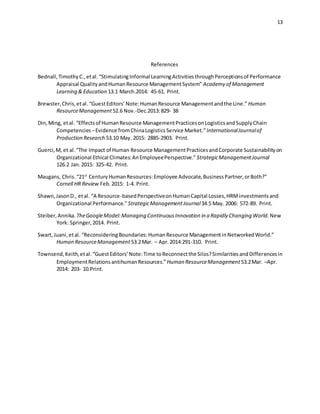 13
References
Bednall,TimothyC.,etal.“StimulatingInformal LearningActivitiesthroughPerceptionsof Performance
Appraisal QualityandHumanResource ManagementSystem” Academy of Management
Learning & Education 13.1 March.2014: 45-61. Print.
Brewster,Chris,etal.“GuestEditors’Note:HumanResource Managementandthe Line.” Human
ResourceManagement 52.6 Nov.-Dec.2013:829- 38
Din,Ming, etal. “Effectsof HumanResource ManagementPracticesonLogisticsandSupplyChain
Competencies –Evidence fromChinaLogisticsService Market.”InternationalJournalof
Production Research 53.10 May. 2015: 2885-2903. Print.
Guerci,M, et al.“The Impact of Human Resource ManagementPracticesandCorporate Sustainabilityon
Organizational Ethical Climates:AnEmployeePerspective.” StrategicManagementJournal
126.2 Jan.2015: 325-42. Print.
Maugans, Chris.“21st
CenturyHumanResources:Employee Advocate,BusinessPartner,orBoth?”
Cornell HR Review Feb.2015: 1-4. Print.
Shawn,JasonD., etal. “A Resource-basedPerspectiveonHumanCapital Losses,HRMinvestmentsand
Organizational Performance.”StrategicManagementJournal34.5 May. 2006: 572-89. Print.
Steiber,Annika. TheGoogleModel:Managing Continuous Innovation in a Rapidly Changing World.New
York: Springer,2014. Print.
Swart,Juani,etal. “ReconsideringBoundaries:HumanResource ManagementinNetworkedWorld.”
Human ResourceManagement 53.2Mar. – Apr.2014:291-310. Print.
Townsend,Keith,etal.“GuestEditors’Note:Time toReconnectthe Silos?SimilaritiesandDifferencesin
EmploymentRelationsantihumanResources.” Human ResourceManagement 53.2Mar. –Apr.
2014: 203- 10.Print.
 