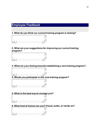 14
Employee Feedback
1. What do you think our current training program is lacking?
2. What are your suggestions for improving our current training
program?
3. What are your feeling towards establishing a new training program?
4. Would you participate in this new training program?
5. What is the best way to manage you?
6. What kind of learner are you? Visual, audio, or hands on?
 