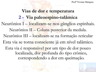 Vias de dor e temperatura
2 - Via paleoespino-talâmica
Neurônios I – localizam-se nos gânglios espinhais.
Neurônios II – Coluna posterior da medula.
Neurônios III – localizam-se na formação reticular
Esta via se torna consciente já em nível talâmico.
Esta via é responsável por um tipo de dor pouco
localizada, dor profunda do tipo crônico,
correspondendo a dor em queimação.
Profª Viviane Marques
 
