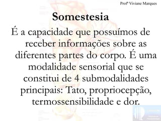 Somestesia
É a capacidade que possuímos de
receber informações sobre as
diferentes partes do corpo. É uma
modalidade sensorial que se
constitui de 4 submodalidades
principais: Tato, propriocepção,
termossensibilidade e dor.
Profª Viviane Marques
 