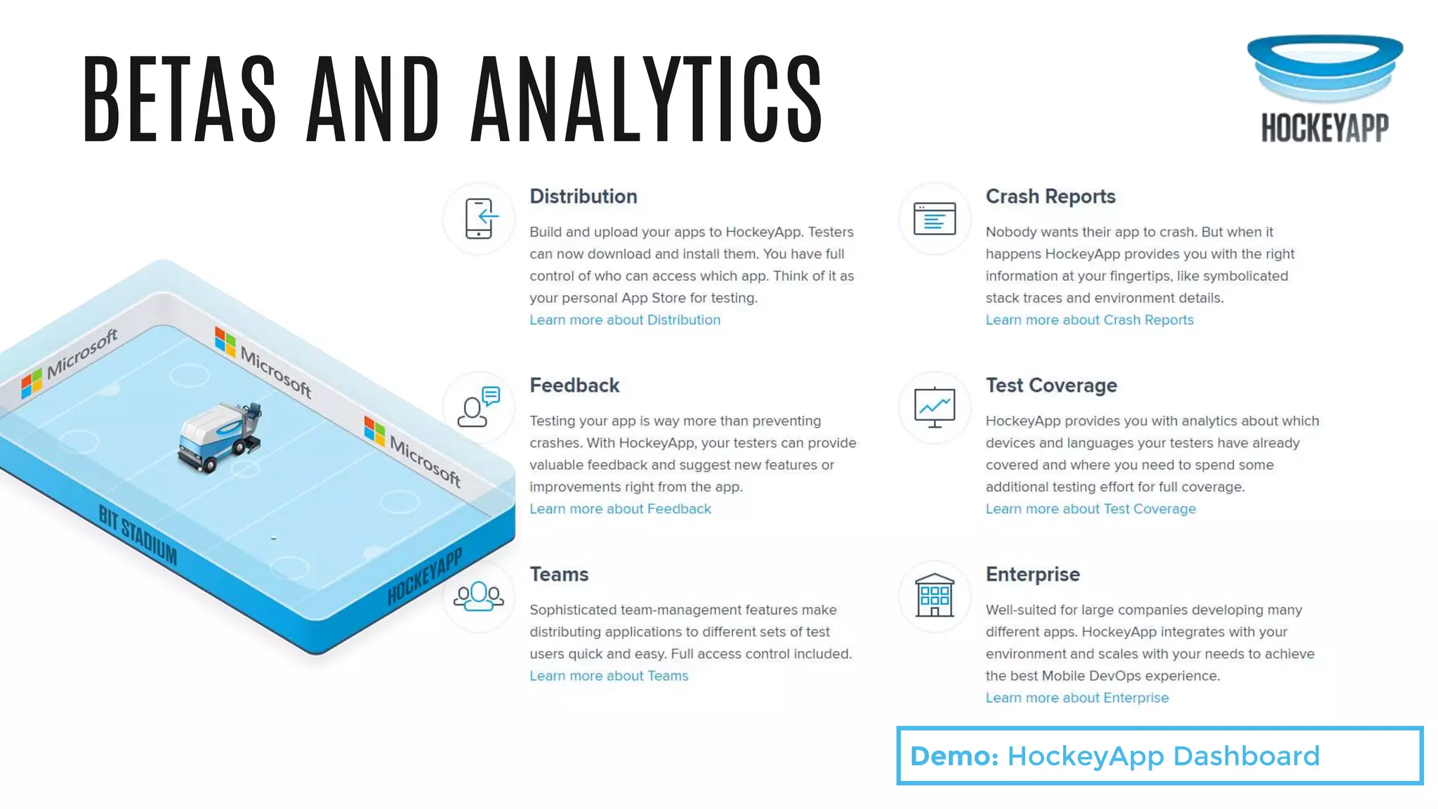 BETAS AND ANALYTICS
Demo: HockeyApp Dashboard
 