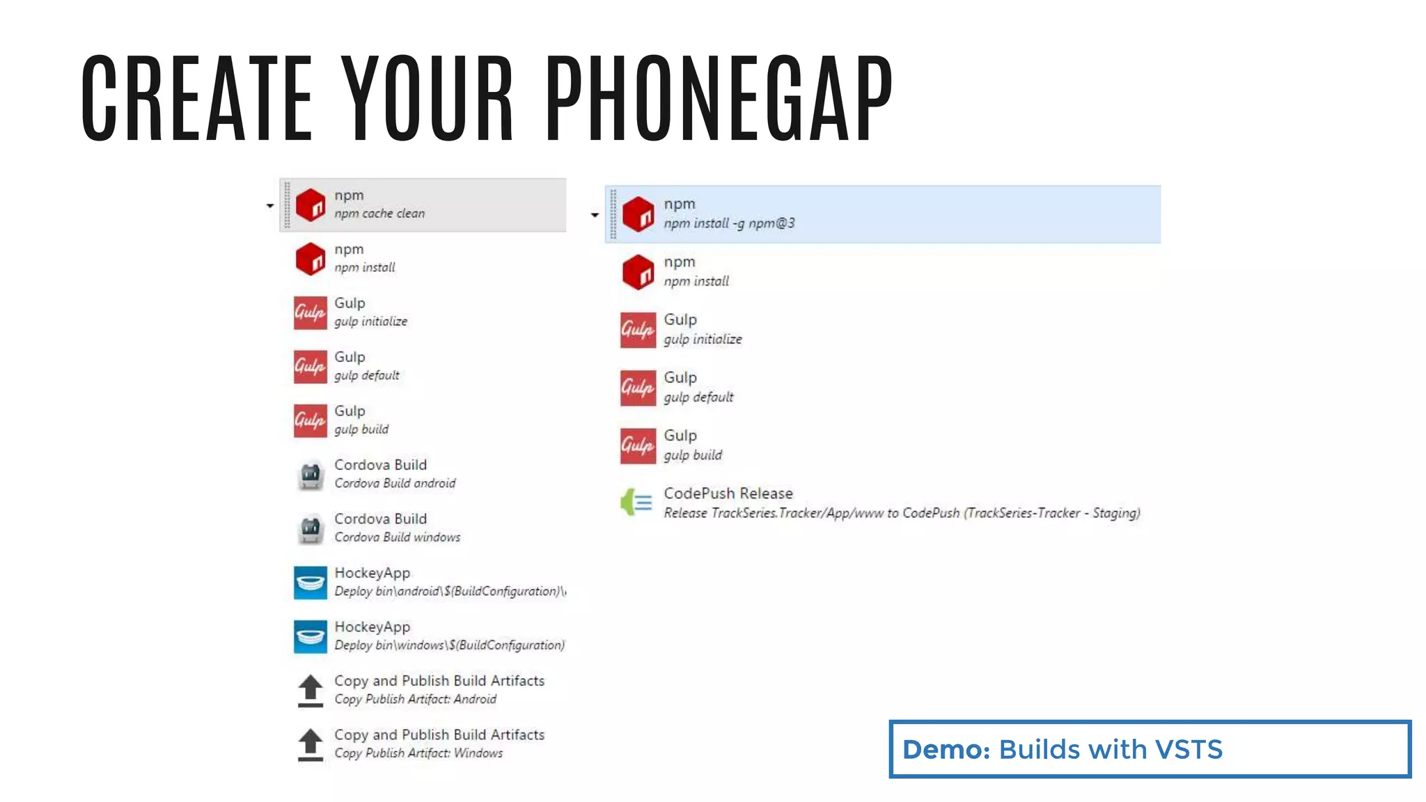 CREATE YOUR PHONEGAP
Demo: Builds with VSTS
 