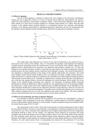 A Study of Process Parameters for Zinc...
www.ijesi.org 19 | Page
RESULTS AND DISCUSSIONS
3.1 Effect of Agitation
The use of bath agitation is intended to improve the mass transport in the electrolyte and therefore
enhance the rate of deposition. However, in terms of cathode current efficiency, bath agitation was found to
reduce the current efficiency with increase in agitation. Figure 1 shows that current efficiency of the bath was
better without or at lower rates of solution agitation at a constant current density of 5 A/dm2. Since the main
reactions at the cathode during electrode position is a competition between zinc reduction and hydrogen
evolution, as the limiting current density is approached during zinc deposition, the zinc ion concentration near
the cathode is quickly depleted and the cathode reaction shifts from zinc deposition to hydrogen evolution.
Figure 1 Effect of Bath Agitation on the Cathode Current Efficiency of the Bath at a Current Density of 5
A/dm2
, pH 2.8 and T= 22 o
C.
This could result in the deposition of a mixture of zinc and zinc hydroxide or zinc oxides [13] due to
pH increase in the vicinity of the cathode. Also, it is noteworthy that agitation could depolarise the hydrogen
evolution reaction and possibly reduce the nucleation rate of zinc on the surface of the cathode. Moreover, the
applied current is shared between two processes: zinc deposition and hydrogen evolution [14, 15]. Since the
hydrogen over potential and hence evolution in this bath was quite high as was observed during the electrode
position process, the main cathode reaction would have been hydrogen evolution. This could be detrimental to
zinc deposition as adsorbed hydrogen on the surface of the cathode could hinder zinc nucleation. This could
mean a higher current density may be needed to drive zinc deposition. But then, at higher current densities, a
larger driving force is required to effect zinc deposition due to possible rise in both anode and cathode potentials
with increase in current density [16]. Generally, an improvement in cathode current efficiency with agitation is
due to the fact that, agitation helps to prevent the adsorption of evolved hydrogen, which usually sits on the
surface of the cathode thereby preventing zinc reduction. The formation of hydrogen bubbles destroyed
periodically by stirring the diffuse layer makes it possible for zinc replenishment [14]. As the hydrogen bubbles
are swept away, a larger surface area on the cathode becomes available periodically for the deposition of zinc
which ordinarily should lead to improved zinc deposition and hence current efficiency. However, this does not
appear to be the case in the present investigations. A possible reason could be that agitation was too vigorous to
allow sufficient residence time for zinc ions to be reduced on the surface of the cathode. This means, agitation
may have been detrimental to the zinc nucleation process in the prevalent conditions.
3.2 Effect of Current Density and Time on Deposit Thickness
In an attempt to optimise conditions for the production of 8 μm thick zinc electrodeposits, a range of
current densities were investigated. In each case, maintaining a constant quantity of electricity supplied was
crucial to obtain uniform deposit thickness in all the samples. Visually acceptable coatings were obtained within
the current density range of 2.0-5.0 A/dm2
.
The experimental results in table 1 show that current density is inversely proportional to time to obtain
the same deposit thickness. Increase in current density is accompanied by a decrease in deposition time to obtain
8 μm and vice versa. This is consistent with expectations since at higher current densities, the rate of deposition
and deposit build-up is faster. On the contrary, low deposition current densities are associated with small
nucleation rates so the layer thickness has to be large enough in order to cover the whole surface of the substrate
[6]. This invariably means that lower current densities require longer durations to obtain a particular deposit
thickness whilst higher current densities are required to produce the same deposit thickness at a shorter duration.
Therefore, for each current density there is corresponding time duration for the production of 8 μm thick
 