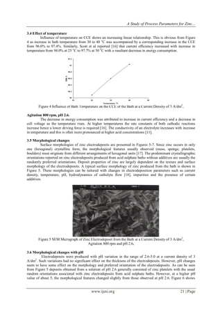 A Study of Process Parameters for Zinc...
www.ijesi.org 21 | Page
3.4 Effect of temperature
Influence of temperature on CCE shows an increasing linear relationship. This is obvious from Figure
4 as increase in bath temperature from 30 to 40 o
C was accompanied by a corresponding increase in the CCE
from 96.0% to 97.4%. Similarly, Scott et al reported [16] that current efficiency increased with increase in
temperature from 94.0% at 25 o
C to 97.7% at 50 o
C with a resultant decrease in energy consumption.
Figure 4 Influence of Bath Temperature on the CCE of the Bath at a Current Density of 3 A/dm2
,
Agitation 800 rpm, pH 2.6.
The decrease in energy consumption was attributed to increase in current efficiency and a decrease in
cell voltage as the temperature rises. At higher temperatures the rate constants of both cathodic reactions
increase hence a lower driving force is required [16]. The conductivity of an electrolyte increases with increase
in temperature and this is often more pronounced at higher acid concentrations [11].
3.5 Morphological changes
Surface morphologies of zinc electrodeposits are presented in Figures 5-7. Since zinc occurs in only
one (hexagonal) crystalline form, the morphological features usually observed (moss, sponge, platelets,
boulders) must originate from different arrangements of hexagonal units [17]. The predominant crystallographic
orientations reported on zinc electrodeposits produced from acid sulphate baths without additives are usually the
randomly preferred orientations. Deposit properties of zinc are largely dependent on the texture and surface
morphology of the electrodeposits. A typical surface morphology of zinc produced from the bath is shown in
Figure 5. These morphologies can be tailored with changes in electrodeposition parameters such as current
density, temperature, pH, hydrodynamics of catholyte flow [18], impurities and the presence of certain
additives.
Figure 5 SEM Micrograph of Zinc Electrodeposit from the Bath at a Current Density of 3 A/dm2
,
Agitation 800 rpm and pH 2.6.
3.6 Morphological changes with pH
Electrodeposits were produced with pH variation in the range of 2.6-5.0 at a current density of 3
A/dm2
. Such variations had no significant effect on the thickness of the electrodeposits. However, pH changes
seem to have some effect on the morphology and preferred orientation of the electrodeposits. As can be seen
from Figure 5 deposits obtained from a solution of pH 2.6 generally consisted of zinc platelets with the usual
random orientations associated with zinc electrodeposits from acid sulphate baths. However, at a higher pH
value of about 5, the morphological features changed slightly from those observed at pH 2.6. Figure 6 shows
 