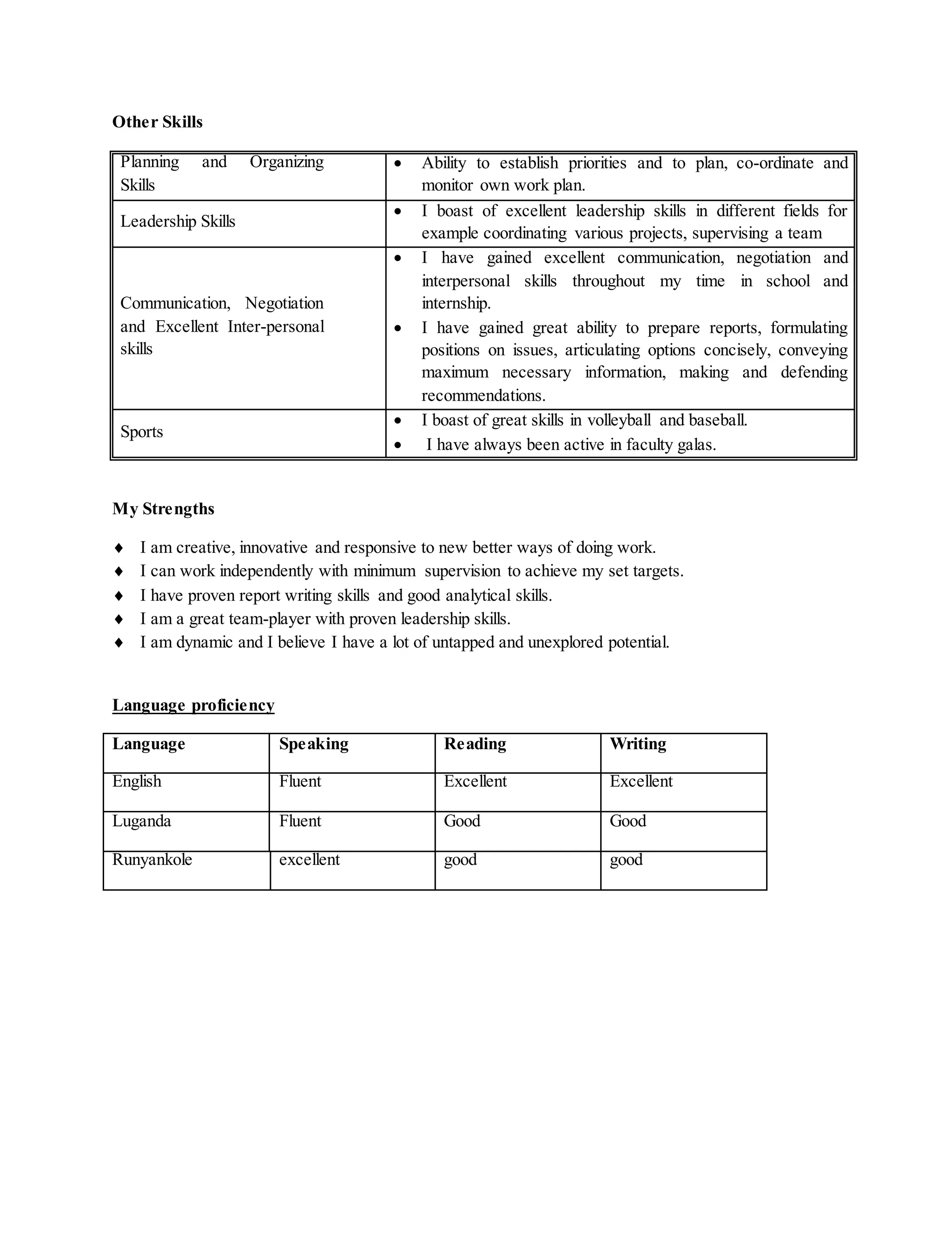Other Skills
Planning and Organizing
Skills
 Ability to establish priorities and to plan, co-ordinate and
monitor own work plan.
Leadership Skills
 I boast of excellent leadership skills in different fields for
example coordinating various projects, supervising a team
Communication, Negotiation
and Excellent Inter-personal
skills
 I have gained excellent communication, negotiation and
interpersonal skills throughout my time in school and
internship.
 I have gained great ability to prepare reports, formulating
positions on issues, articulating options concisely, conveying
maximum necessary information, making and defending
recommendations.
Sports
 I boast of great skills in volleyball and baseball.
 I have always been active in faculty galas.
My Strengths
 I am creative, innovative and responsive to new better ways of doing work.
 I can work independently with minimum supervision to achieve my set targets.
 I have proven report writing skills and good analytical skills.
 I am a great team-player with proven leadership skills.
 I am dynamic and I believe I have a lot of untapped and unexplored potential.
Language proficiency
Language Speaking Reading Writing
English Fluent Excellent Excellent
Luganda Fluent Good Good
Runyankole excellent good good
 