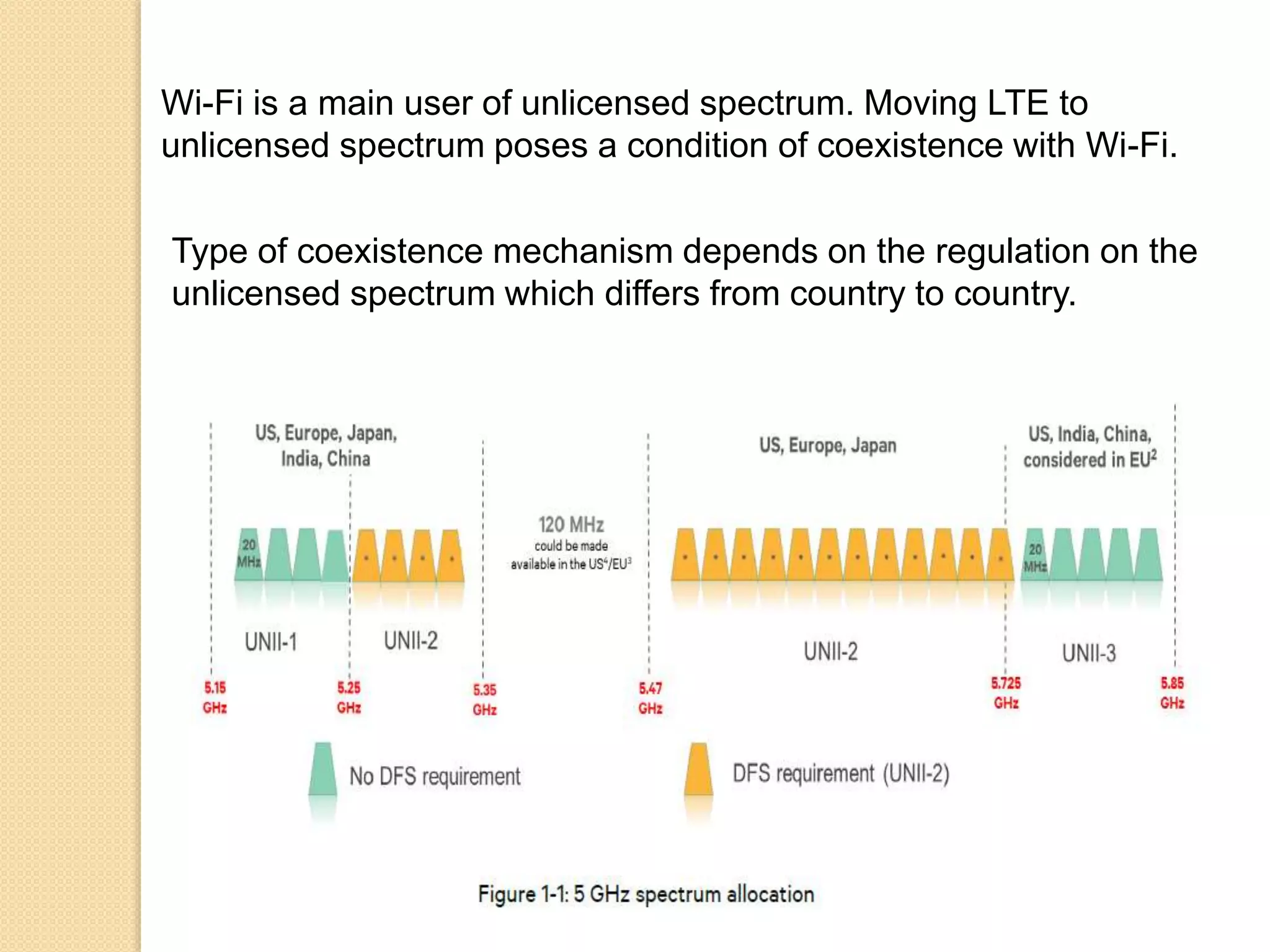 Wi-Fi is a main user of unlicensed spectrum. Moving LTE to
unlicensed spectrum poses a condition of coexistence with Wi-Fi.
Type of coexistence mechanism depends on the regulation on the
unlicensed spectrum which differs from country to country.
 