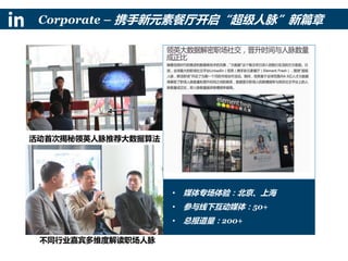 Corporate – 携手新元素餐厅开启“超级人脉”新篇章
活动首次揭秘领英人脉推荐大数据算法
不同行业嘉宾多维度解读职场人脉
• 媒体专场体验：北京、上海
• 参与线下互动媒体：50+
• 总报道量：200+
 