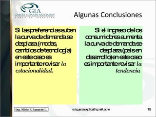 Algunas Conclusiones Si las preferencias suben la curva de demanda se desplaza (modas, cambios de tecnología) en este caso es importante revisar  la estacionalidad . Si el ingreso de los consumidores aumenta la curva de demanda se desplaza (país en desarrollo)en este caso es importante revisar  la tendencia . e: iguaranexplica@gmail.com 