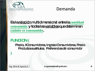 Demanda Es la  relación  multidimensional entre la  cantidad consumida   y todas las  variables  que determinan  cuánto es consumido . FUNCION ( Precio, #Consumidores, Ingreso Consumidores, Precio Productos sustitutos,  Preferencias del consumidor ) e: iguaranexplica@gmail.com 