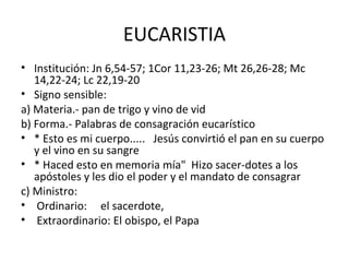 EUCARISTIA
• Institución: Jn 6,54-57; 1Cor 11,23-26; Mt 26,26-28; Mc
   14,22-24; Lc 22,19-20
• Signo sensible:
a) Materia.- pan de trigo y vino de vid
b) Forma.- Palabras de consagración eucarístico
• * Esto es mi cuerpo..... Jesús convirtió el pan en su cuerpo
   y el vino en su sangre
• * Haced esto en memoria mía" Hizo sacer-dotes a los
   apóstoles y les dio el poder y el mandato de consagrar
c) Ministro:
• Ordinario: el sacerdote,
• Extraordinario: El obispo, el Papa
 