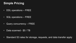 Simple Pricing
• DDL operations – FREE
• SQL operations – FREE
• Query concurrency – FREE
• Data scanned - $5 / TB
• Stand...