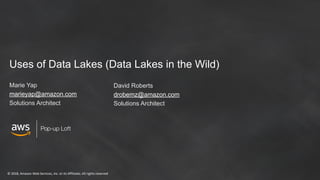 © 2018, Amazon Web Services, Inc. or its Affiliates. All rights reserved
Pop-up Loft
Uses of Data Lakes (Data Lakes in the Wild)
Marie Yap
marieyap@amazon.com
Solutions Architect
David Roberts
drobemz@amazon.com
Solutions Architect
 