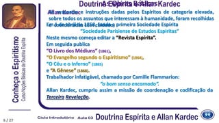 Em 1 de abril de 1858, funda a primeira Sociedade Espírita
“Sociedade Parisiense de Estudos Espiritas”
Neste mesmo começa editar a “Revista Espírita”.
Em seguida publica
“O Livro dos Médiuns” (1861),
“O Evangelho segundo o Espiritismo” (1864),
“O Céu e o Inferno” (1865)
e “A Gênese” (1868).
Trabalhador infatigável, chamado por Camille Flammarion:
“o bom senso encarnado”.
Allan Kardec, cumpriu assim a missão de coordenação e codificação da
Terceira Revelação.
6
Allan Kardec
Doutrina Espírita e Allan Kardec
6
As Obras Básicas
As respostas e instruções dadas pelos Espíritos de categoria elevada,
sobre todos os assuntos que interessam à humanidade, foram recolhidas
e coordenadas com cuidado,
6 / 27
 