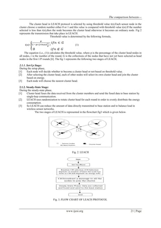 The comparison between---
www.ijesi.org 21 | Page
The cluster head in LEACH protocol is selected by using threshold value t(n).Each sensor node in the
cluster choose a random number either 0 or 1 and this value is compared with threshold value t(n).If the number
selected is less than t(n),then the node becomes the cluster head otherwise it becomes an ordinary node. Fig 2
represents the transmission that take place in LEACH.
Threshold value is determined by the following formula,
t(n)= (1)
The equation (i.e., (1)) calculates the threshold value, where p is the percentage of the cluster head nodes in
all nodes, r is the number of the round, G is the collections of the nodes that have not yet been selected as head
nodes in the first 1/P rounds [6]. The fig 1 represents the following two stages of LEACH,
2.1.1. Set-Up Stage:
During the setup phase,
[1] Each node will decide whether to become a cluster head or not based on threshold value.
[2] After selecting the cluster head, each of other nodes will select its own cluster head and join the cluster
based on energy.
[3] Each node will choose the nearest cluster head.
2.1.2. Steady-State Stage:
During the steady-state phase,
[1] Cluster head fuses the data received from the cluster members and send the fused data to base station by
single-hop communication.
[2] LEACH uses randomization to rotate cluster head for each round in order to evenly distribute the energy
consumption.
[3] So LEACH can reduce the amount of data directly transmitted to base station and to balance load in
wireless sensor networks.
The two stages of LEACH is represented in the flowchart fig3 which is given below.
Fig. 2. LEACH
Fig. 3. FLOW CHART OF LEACH PROTOCOL
 