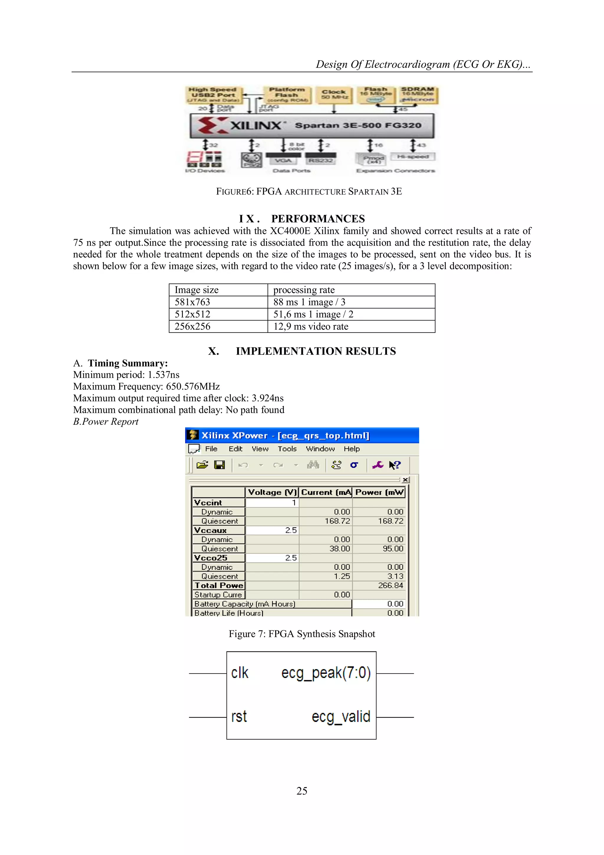 Design Of Electrocardiogram (ECG Or EKG)...
25
FIGURE6: FPGA ARCHITECTURE SPARTAIN 3E
I X . PERFORMANCES
The simulation was achieved with the XC4000E Xilinx family and showed correct results at a rate of
75 ns per output.Since the processing rate is dissociated from the acquisition and the restitution rate, the delay
needed for the whole treatment depends on the size of the images to be processed, sent on the video bus. It is
shown below for a few image sizes, with regard to the video rate (25 images/s), for a 3 level decomposition:
Image size processing rate
581x763 88 ms 1 image / 3
512x512 51,6 ms 1 image / 2
256x256 12,9 ms video rate
X. IMPLEMENTATION RESULTS
A. Timing Summary:
Minimum period: 1.537ns
Maximum Frequency: 650.576MHz
Maximum output required time after clock: 3.924ns
Maximum combinational path delay: No path found
B.Power Report
Figure 7: FPGA Synthesis Snapshot
 