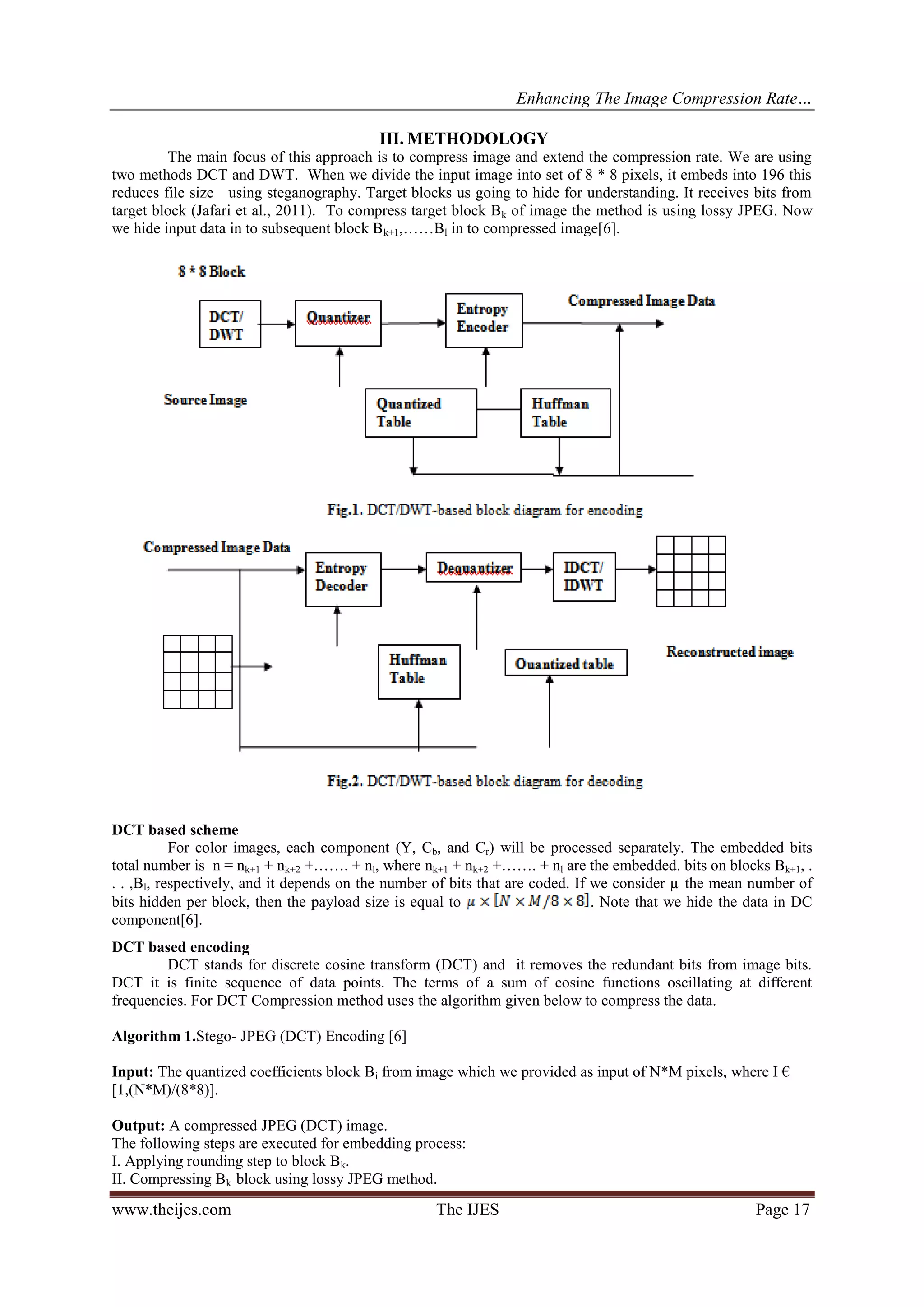 Enhancing The Image Compression Rate…
www.theijes.com The IJES Page 17
III. METHODOLOGY
The main focus of this approach is to compress image and extend the compression rate. We are using
two methods DCT and DWT. When we divide the input image into set of 8 * 8 pixels, it embeds into 196 this
reduces file size using steganography. Target blocks us going to hide for understanding. It receives bits from
target block (Jafari et al., 2011). To compress target block Bk of image the method is using lossy JPEG. Now
we hide input data in to subsequent block Bk+1,……Bl in to compressed image[6].
DCT based scheme
For color images, each component (Y, Cb, and Cr) will be processed separately. The embedded bits
total number is n = nk+1 + nk+2 +……. + nl, where nk+1 + nk+2 +……. + nl are the embedded. bits on blocks Bk+1, .
. . ,Bl, respectively, and it depends on the number of bits that are coded. If we consider µ the mean number of
bits hidden per block, then the payload size is equal to . Note that we hide the data in DC
component[6].
DCT based encoding
DCT stands for discrete cosine transform (DCT) and it removes the redundant bits from image bits.
DCT it is finite sequence of data points. The terms of a sum of cosine functions oscillating at different
frequencies. For DCT Compression method uses the algorithm given below to compress the data.
Algorithm 1.Stego- JPEG (DCT) Encoding [6]
Input: The quantized coefficients block Bi from image which we provided as input of N*M pixels, where I €
[1,(N*M)/(8*8)].
Output: A compressed JPEG (DCT) image.
The following steps are executed for embedding process:
I. Applying rounding step to block Bk.
II. Compressing Bk block using lossy JPEG method.
 