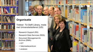Organisatie
Trekker: TU Delft Library, mede
met Universiteitsdienst (UD)
• Research Support (RS)
• Research Data Services (RDS)
• Document Management &
Archive (DMA)
• + ICT
• + Valorisatiecentrum
• + anderen
 