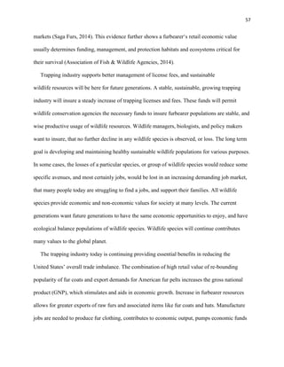 57
markets (Saga Furs, 2014). This evidence further shows a furbearer‘s retail economic value
usually determines funding, management, and protection habitats and ecosystems critical for
their survival (Association of Fish & Wildlife Agencies, 2014).
Trapping industry supports better management of license fees, and sustainable
wildlife resources will be here for future generations. A stable, sustainable, growing trapping
industry will insure a steady increase of trapping licenses and fees. These funds will permit
wildlife conservation agencies the necessary funds to insure furbearer populations are stable, and
wise productive usage of wildlife resources. Wildlife managers, biologists, and policy makers
want to insure, that no further decline in any wildlife species is observed, or loss. The long term
goal is developing and maintaining healthy sustainable wildlife populations for various purposes.
In some cases, the losses of a particular species, or group of wildlife species would reduce some
specific avenues, and most certainly jobs, would be lost in an increasing demanding job market,
that many people today are struggling to find a jobs, and support their families. All wildlife
species provide economic and non-economic values for society at many levels. The current
generations want future generations to have the same economic opportunities to enjoy, and have
ecological balance populations of wildlife species. Wildlife species will continue contributes
many values to the global planet.
The trapping industry today is continuing providing essential benefits in reducing the
United States’ overall trade imbalance. The combination of high retail value of re-bounding
popularity of fur coats and export demands for American fur pelts increases the gross national
product (GNP), which stimulates and aids in economic growth. Increase in furbearer resources
allows for greater exports of raw furs and associated items like fur coats and hats. Manufacture
jobs are needed to produce fur clothing, contributes to economic output, pumps economic funds
 