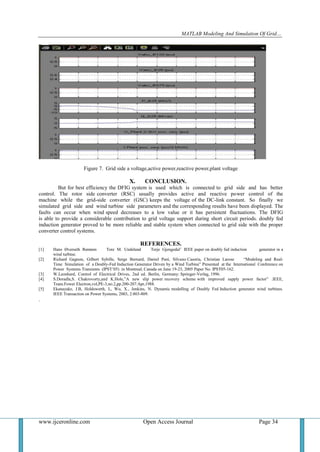 MATLAB Modeling And Simulation Of Grid…
www.ijceronline.com Open Access Journal Page 34
Figure 7. Grid side a voltage,active power,reactive power,plant voltage
X. CONCLUSION.
But for best efficiency the DFIG system is used which is connected to grid side and has better
control. The rotor side converter (RSC) usually provides active and reactive power control of the
machine while the grid-side converter (GSC) keeps the voltage of the DC-link constant. So finally we
simulated grid side and wind turbine side parameters and the corresponding results have been displayed. The
faults can occur when wind speed decreases to a low value or it has persistent fluctuations. The DFIG
is able to provide a considerable contribution to grid voltage support during short circuit periods. doubly fed
induction generator proved to be more reliable and stable system when connected to grid side with the proper
converter control systems.
REFERENCES.
[1] Hans Øverseth Røstøen Tore M. Undeland Terje Gjengedal‟ IEEE paper on doubly fed induction generator in a
wind turbine.
[2] Richard Gagnon, Gilbert Sybille, Serge Bernard, Daniel Paré, Silvano Casoria, Christian Larose “Modeling and Real-
Time Simulation of a Doubly-Fed Induction Generator Driven by a Wind Turbine” Presented at the International Conference on
Power Systems Transients (IPST‟05) in Montreal, Canada on June 19-23, 2005 Paper No. IPST05-162.
[3] W.Leonhard, Control of Electrical Drives, 2nd ed. Berlin, Germany: Springer-Verlag, 1996.
[4] S.Doradla,S. Chakrovorty,and K.Hole,”A new slip power recovery scheme with improved supply power factor” .IEEE,
Trans.Fower Electron,vol,PE-3,no.2,pp.200-207.Apr,1988.
[5] Ekanayake, J.B, Holdsworth, L, Wu, X., Jenkins, N. Dynamic modelling of Doubly Fed Induction generator wind turbines.
IEEE Transaction on Power Systems, 2003, 2:803-809.
.
 