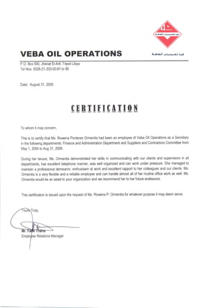 VEBA OIL CERTIFICATE OF EMPLOYMENT