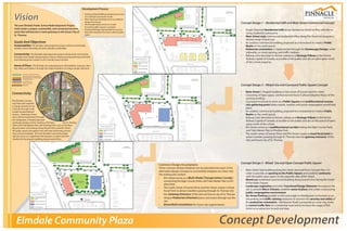 Elmdale Community Plaza Concept Development
Concept Design 1 – Residential Infill and Main Street Commercial Concept
• Single Detached Residential infill along Glenbanner Street to flow with the ex
isting residential community
• Main-Street style commercial/residential/oﬃce along Elm Street to integrate a
diverse range of land uses
• An outdoor commercial building, proposed as a restautrant to create a Public
Realm on the north parcel
• Pedestrian orientation is implemented through the Streetscape Design; wider
sidewalks, on street parking, and traﬃc medians.
• Railway Carts benched on former railway as a Heritage Tribute to the former
Railway Capital of Canada, accessible to the public and sits on open space north
of the school property.
Concept Design 2 – Mixed-Use and Courtyard Public Square Concept
• Main-Street‘L’Shaped building on the corner of Sunset and Elm street
• Consisting of Open space, commercial and Socio-Cultural Adaptive Reuse of the
existing building
• Courtyard enclosure to serve as a Public Square and multifunctional commu
nity gathering point where events, vendors and social congregation would take
place.
• An outdoor commercial building, proposed as a restautrant to create a Public
Realm on the north parcel
• Railway Carts benched on former railway as a Heritage Tribute to the former
Railway Capital of Canada, accessible to the public and sits on the parcel of open
space north of the school.
• Elm Street serves as a multifunctional corridor linking the Elgin County Parks
and Trails Master Plan to Pinafore Park.
• The south corner of Sunset Drive and Elm Street creates a visual focal point to
attract travelers passing through St. Thomas into the‘gateway entrance’of the
Site and future city of St. Thomas
Concept Design 3 - Mixed- Use and Open Concept Public Square
• Main-Street Style building along Elm Street removed from Concept Plan 2 in
order to provide an opening to the Public Square and establish continuity
with the public open space on the opposite side of Elm Street.
• Mixed use residential-commercial building along Sunset Drive facing the inside
of the Public Square
• Landscape vegetation and other Functional Design Elements throughout the
site to provide Micro-Climate, establish sense of place, and create a welcoming
public congregation environment.
• On-Street Parking (parallel on Elm and angle on Glenbanner) to function as on
site parking and traffic calming measures to increase the security and safety of
the pedestrian orientation. Glenbanner Road is proposed as a one-way street
to control traffic flow on a residential road and to increase the usage of Elm
Street as an attraction to park and stop.
Vision
The new Elmdale Public School Redevelopment Project
shall create a unique, sustainable, and connected environ-
ment that will become a main gateway to the future City of
St. Thomas.
Goals And Objectives
Sustainability:The Elmdale redevelopment project will be economically,
socially, environmentally and and culturally sustainable.
Connectivity: The Elmdale redevelopment project will provide connectivity
through multi-modal transportation choices, linking existing pathways and trails,
and embracing the London to Port Stanley travel corridor.
Sense of Place: The Elmdale site redevelopment will establish character, iden-
tity, safety and balance through the implementation of unique design elements.
Connectivity
The Elmdale Commu-
nity Plaza will extablish
a strong network of con-
nectivity through multi-
modal transportational
choices. Pedestrian Orien-
taion will be emphasized through
the integration of streetscape and
landscape design and by creating a link from the St. Thomas
Parks and Trails Master Plan with existing Parks such as Pinafore.
Bycycle lanes will continue along Sunset Drive and Elm Street.
All public spaces throughout site will have welcoming connec-
tions and accessibility. The new Elmdale Community plaza
will also serve as a significant link between London and Port
Stanley for the people travelling along Sunset Drive.
Development Process
• Existing School Building retained and serves
as a Cultural Community Centre
• New mixed use building serves as a diverse
range of land uses
• The Elmdale Block serves as a muilt-
funcional public square/ courtyard
• Existing buildings expropriated to accomo
date and maximize the socio-cultural public
realm
Common Design Assumptions
These common design initiatives are incorporated into each of the
alternative design concepts to successfully integrate our vision into
the existing site context.
• Elm Street serves as a Multi-Modal Transportation Corridor
connecting the Elgin County Parks and Trails Master Plan to Pin
afore Park.
• The south corner of Sunset Drive and Elm Street creates a Visual
Focal Point to attract travellers passing through St. Thomas into
the‘Gateway Entrance’of the Site and future city of St. Thomas
• Unique Pedestrian Oriented places and routes through out the
site
• Brownfield remediation for future site augmentation
Oﬀ-Site Parking
Brownfield Site
Potential Remediation
SunsetDrive
Elm Street
WilsonAve.
Glenbanner Street
WilsonAve.
Park
Public Space
ToPortStanley
To Pinafore & Hospital
Cemetery
Proposed Commercial
Proposed Residential
Proposed Open Public
Space
Existing Buildings
Elmdale Conceptual Plan 1
ToLondon
Proposed Commercial
Proposed Institutional
Proposed Open Public
Space
Existing Buildings
Elmdale Conceptual Plan 2
Oﬀ-Site Parking
Brownfield Site
Potential Remediation
SunsetDrive
Elm Street
WilsonAve.
Glenbanner Street
WilsonAve.
Community Court
Patio
Park
On-Street Parking
Public Space
Public Space
Public Space
Public Space
ToPortStanley
To Pinafore & Hospital
Cemetery
ToLondon
Proposed Commercial
Proposed Institutional
Proposed Open Public
Space
Existing Buildings
Elmdale Conceptual Plan 3
Oﬀ-Site Parking
Brownfield Site
Potential Remediation
SunsetDrive
Elm Street
WilsonAve.
Glenbanner
Street(One-Way)
WilsonAve.
Park
On-Street Parking
Public Space
Public Space
Public Space
ToPortStanley
To Pinafore & Hospital
Cemetery
Multi-functional
Open Space
ToLondon
Vehicular Movement
Pedestrian Movement
Hiking Trails
Oﬃcial Plan Proposed Recreational Trails
Existing Railway Tracks
Proposed Pedestrian -Oriented Streetscape
Dual Fuction - Vehical/Cycle Lanway
ToPortStanley
To London
 