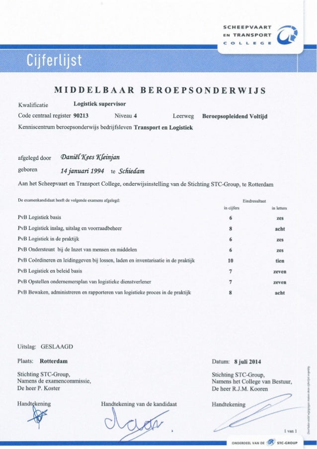 Diploma MBO Cijferlijst Daan Kleinjan