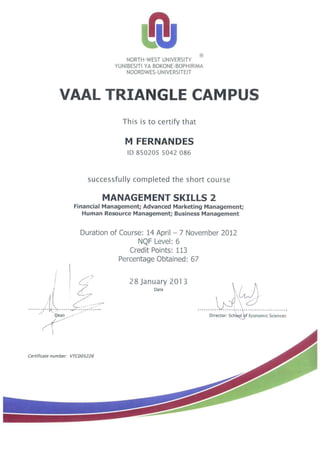 Certitficate Management Skilles NQF Level 6