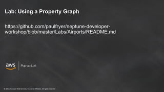 © 2018, Amazon Web Services, Inc. or its Affiliates. All rights reserved
Lab: Using a Property Graph
https://github.com/paulfryer/neptune-developer-
workshop/blob/master/Labs/Airports/README.md
 