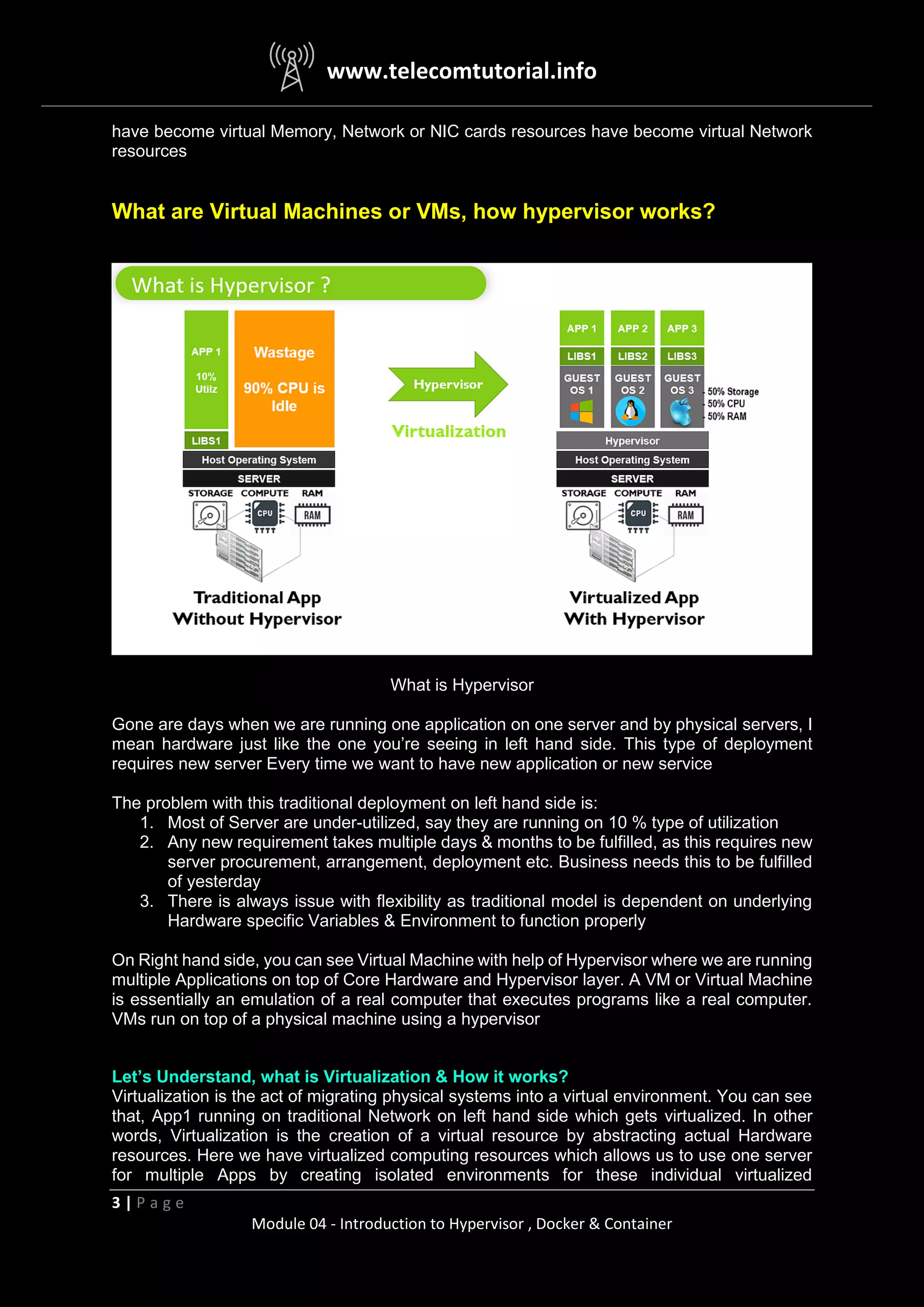 www.telecomtutorial.info
3 | P a g e
Module 04 - Introduction to Hypervisor , Docker & Container
have become virtual Memory, Network or NIC cards resources have become virtual Network
resources
What are Virtual Machines or VMs, how hypervisor works?
What is Hypervisor
Gone are days when we are running one application on one server and by physical servers, I
mean hardware just like the one you’re seeing in left hand side. This type of deployment
requires new server Every time we want to have new application or new service
The problem with this traditional deployment on left hand side is:
1. Most of Server are under-utilized, say they are running on 10 % type of utilization
2. Any new requirement takes multiple days & months to be fulfilled, as this requires new
server procurement, arrangement, deployment etc. Business needs this to be fulfilled
of yesterday
3. There is always issue with flexibility as traditional model is dependent on underlying
Hardware specific Variables & Environment to function properly
On Right hand side, you can see Virtual Machine with help of Hypervisor where we are running
multiple Applications on top of Core Hardware and Hypervisor layer. A VM or Virtual Machine
is essentially an emulation of a real computer that executes programs like a real computer.
VMs run on top of a physical machine using a hypervisor
Let’s Understand, what is Virtualization & How it works?
Virtualization is the act of migrating physical systems into a virtual environment. You can see
that, App1 running on traditional Network on left hand side which gets virtualized. In other
words, Virtualization is the creation of a virtual resource by abstracting actual Hardware
resources. Here we have virtualized computing resources which allows us to use one server
for multiple Apps by creating isolated environments for these individual virtualized
 