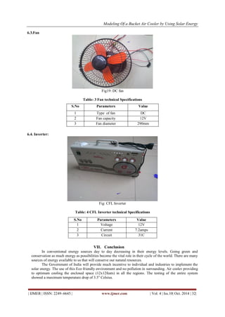 Modeling Of a Bucket Air Cooler by Using Solar Energy
| IJMER | ISSN: 2249–6645 | www.ijmer.com | Vol. 4 | Iss.10| Oct. 2014 | 32|
6.3.Fan
Fig19: DC fan
Table: 3 Fan technical Specifications
6.4. Inverter:
Fig: CFL Inverter
Table: 4 CFL Inverter technical Specifications
VII. Conclusion
In conventional energy sources day to day decreasing in their energy levels. Going green and
conservation as much energy as possibilities become the vital role in their cycle of the world. There are many
sources of energy available to us that will conserve our natural resources.
The Government of India will provide much incentive to individual and industries to implement the
solar energy. The use of this Eco friendly environment and no pollution in surrounding. Air cooler providing
to optimum cooling the enclosed space (12x12feats) in all the regions. The testing of the entire system
showed a maximum temperature drop of 3.5o
Celsius.
S.No Parameters Value
1 Type of fan DC
2 Fan capacity 12V
3 Fan diameter 290mm
S.No Parameters Value
1 Voltage 12V
2 Current 7.2amps
3 Circuit 31C
 