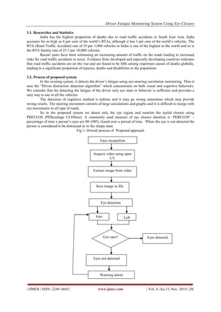 Driver Fatigue Monitoring System Using Eye Closure 
| IJMER | ISSN: 2249–6645 | www.ijmer.com | Vol. 4 | Iss.11| Nov. 2014 | 28| 
3.1. Researches and Statistics India has the highest proportion of deaths due to road traffic accidents in South East Asia. India accounts for as high as 6 per cent of the world‟s RTAs, although it has 1 per cent of the world‟s vehicles. The RTA (Road Traffic Accident) rate of 35 per 1,000 vehicles in India is one of the highest in the world and so is the RTA fatality rate of 25.3 per 10,000 vehicles. Recent years have been witnessing an increasing amount of traffic on the roads leading to increased risks for road traffic accidents to occur. Evidence from developed and especially developing countries indicates that road traffic accidents are on the rise and are found to be fifth among important causes of deaths globally, leading to a significant proportion of injuries, deaths and disabilities in the population. 3.2. Process of proposed system In the existing system, it detects the driver‟s fatigue using eye-steering correlation monitoring. Thus it uses the “Driver distraction detection algorithm” which concentrates on both visual and cognitive behaviors. We consider that for detecting the fatigue of the driver only eye state or behavior is sufficient and provides a easy way to use in all the vehicles. The detection of cognitive method is tedious and it may go wrong sometimes which may provide wrong results. The steering movement consists of large calculations and graphs and it is difficult to merge with eye movements in all type of roads. So in the proposed system we detect only the eye region and monitor the eyelid closure using PRECLOS (PERcentage CLOSure). A commonly used measure of eye closure duration is „PERCLOS‟ – percentage of time a person‟s eyes are 80-100% closed over a period of time. When the eye is not detected the person is considered to be distracted or in the sleepy state. Fig 1: Overall process of Proposed approach 
Face recognition 
Acquire video using open CV 
Extract image from video 
Save image in file 
Eyes open? 
Eye detection 
Right 
Left 
Eyes not detected 
Eyes detected 
Warning alarm  