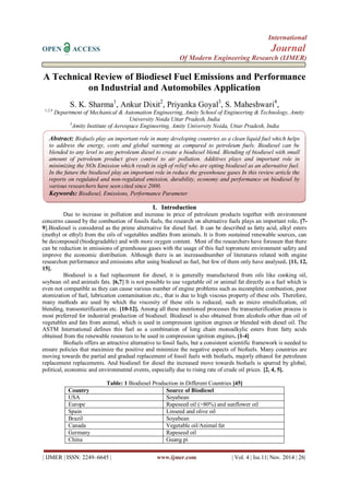 International 
OPEN ACCESS Journal 
Of Modern Engineering Research (IJMER) 
| IJMER | ISSN: 2249–6645 | www.ijmer.com | Vol. 4 | Iss.11| Nov. 2014 | 26| 
A Technical Review of Biodiesel Fuel Emissions and Performance on Industrial and Automobiles Application S. K. Sharma1, Ankur Dixit2, Priyanka Goyal3, S. Maheshwari4, 1,2,4 Department of Mechanical & Automation Engineering, Amity School of Engineering & Technology, Amity University Noida Uttar Pradesh, India 3Amity Institute of Aerospace Engineering, Amity University Noida, Uttar Pradesh, India 
I. Introduction 
Due to increase in pollution and increase in price of petroleum products together with environment concerns caused by the combustion of fossils fuels, the research on alternative fuels plays an important role. [7- 9].Biodiesel is considered as the prime alternative for diesel fuel. It can be described as fatty acid, alkyl esters (methyl or ethyl) from the oils of vegetables andfats from animals. It is from sustained renewable sources, can be decomposed (biodegradable) and with more oxygen content. Most of the researchers have foreseen that there can be reduction in emissions of greenhouse gases with the usage of this fuel topromote environment safety and improve the economic distribution. Although there is an increasednumber of literatures related with engine researchon performance and emissions after using biodiesel as fuel, but few of them only have analysed. [11, 12, 15]. Biodiesel is a fuel replacement for diesel, it is generally manufactured from oils like cooking oil, soybean oil and animals fats. [6,7] It is not possible to use vegetable oil or animal fat directly as a fuel which is even not compatible as they can cause various number of engine problems such as incomplete combustion, poor atomization of fuel, lubrication contamination etc., that is due to high viscous property of these oils. Therefore, many methods are used by which the viscosity of these oils is reduced, such as micro emulsification, oil blending, transesterification etc. [10-12]. Among all these mentioned processes the transesterification process is most preferred for industrial production of biodiesel. Biodiesel is also obtained from alcohols other than oil of vegetables and fats from animal, which is used in compression ignition engines or blended with diesel oil. The ASTM International defines this fuel as a combination of long chain monoalkylic esters from fatty acids obtained from the renewable resources to be used in compression ignition engines. [1-4] Biofuels offers an attractive alternative to fossil fuels, but a consistent scientific framework is needed to ensure policies that maximize the positive and minimize the negative aspects of biofuels. Many countries are moving towards the partial and gradual replacement of fossil fuels with biofuels, majorly ethanol for petroleum replacement replacements. And biodiesel for diesel the increased move towards biofuels is spurred by global, political, economic and environmental events, especially due to rising rate of crude oil prices. [2, 4, 5]. Table: 1 Biodiesel Production in Different Countries [45] 
Country 
Source of Biodiesel 
USA 
Soyabean 
Europe 
Rapeseed oil (>80%) and sunflower oil 
Spain 
Linseed and olive oil 
Brazil 
Soyabean 
Canada 
Vegetable oil/Animal fat 
Germany 
Rapeseed oil 
China 
Guang pi 
Abstract: Biofuels play an important role in many developing countries as a clean liquid fuel which helps to address the energy, costs and global warming as compared to petroleum fuels. Biodiesel can be blended to any level to any petroleum diesel to create a biodiesel blend. Blending of biodiesel with small amount of petroleum product gives control to air pollution. Additives plays and important role in minimizing the NOx Emission which result in sigh of relief who are opting biodiesel as an alternative fuel. In the future the biodiesel play an important role in reduce the greenhouse gases In this review article the reports on regulated and non-regulated emission, durability, economy and performance on biodiesel by various researchers have seen cited since 2000. 
Keywords: Biodiesel, Emissions, Performance Parameter 
 