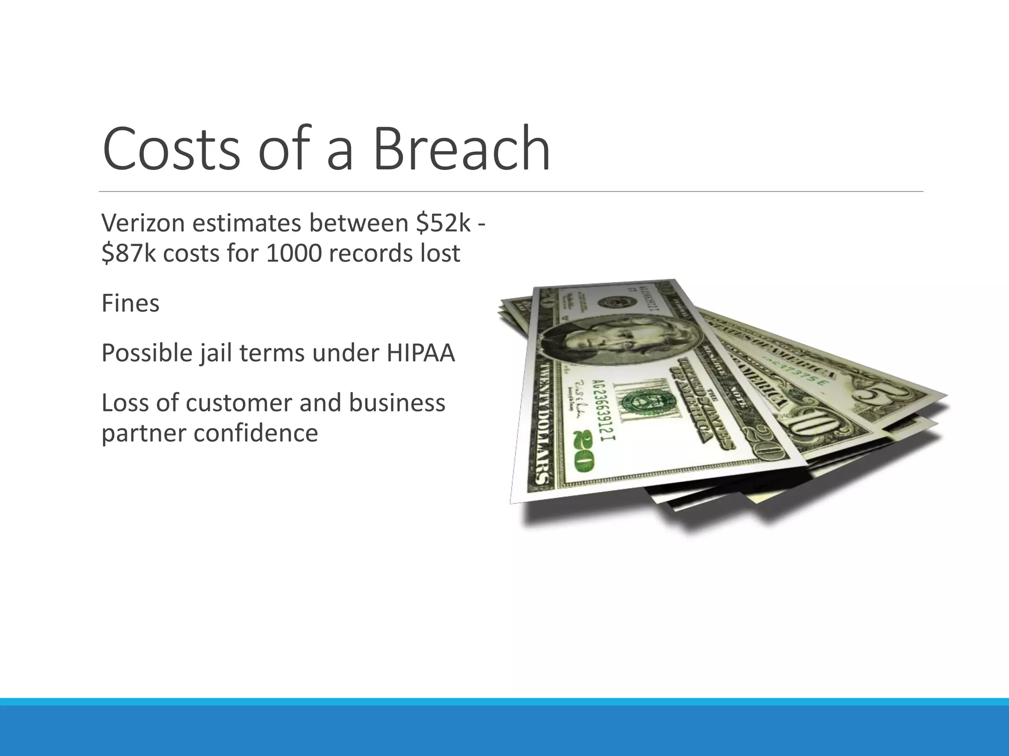 Costs of a Breach
Verizon estimates between $52k -
$87k costs for 1000 records lost
Fines
Possible jail terms under HIPAA
Loss of customer and business
partner confidence
 